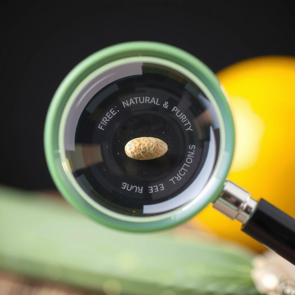 Una lupa examinando un ingrediente natural, simbolizando la calidad y la pureza.